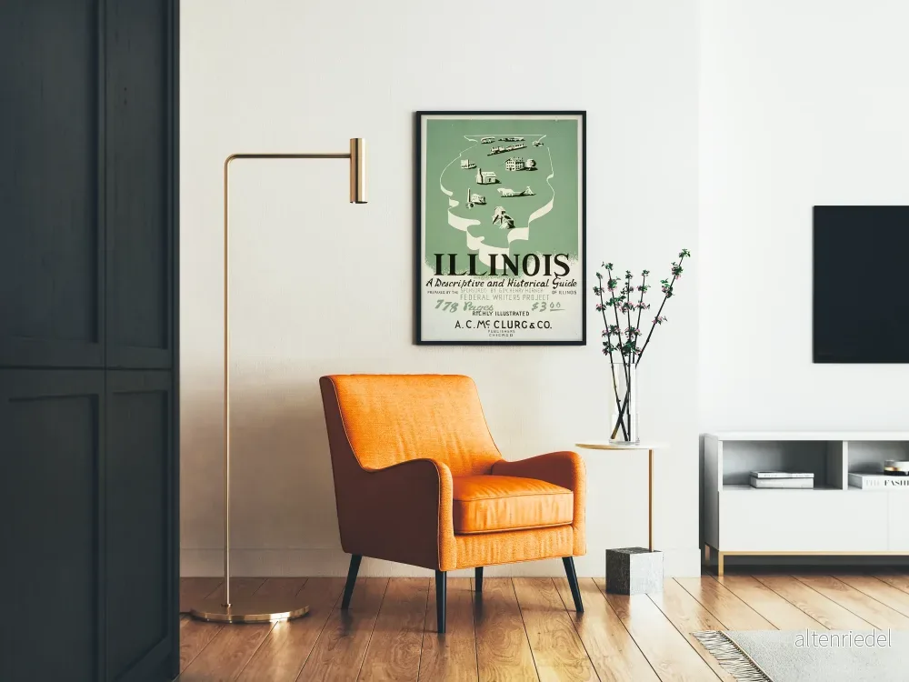 Vintageaffisch med illustrerad karta över Illinois - Historisk guide och beskrivning - Bild 2