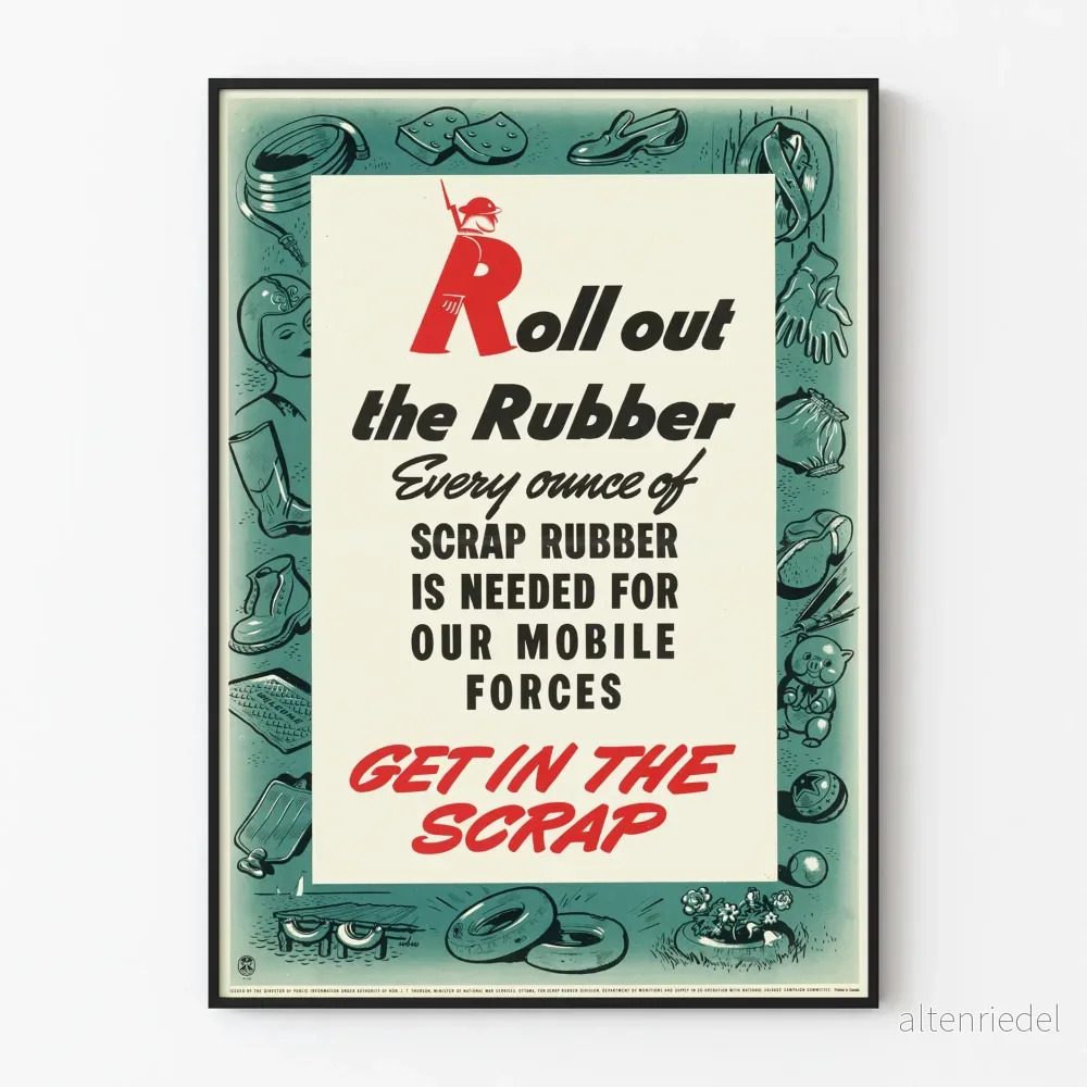 Vintageposter Roll Out The Rubber för patriotisk väggdekoration
