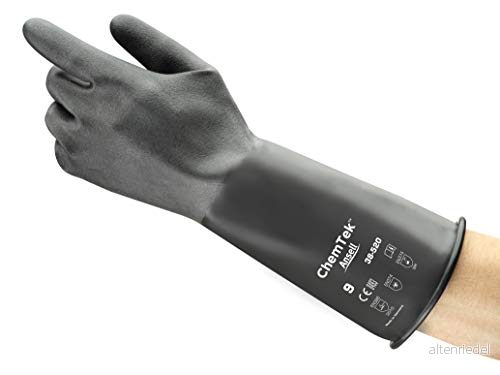 Ansell Alphatec 38 520 Kemiska skyddshandskar i butyl, maximalt skydd för syror och lösningsmedel, tungt industriellt arbete, utan latex, återanvändbar, svart, storlek L (1 par) 76490441135