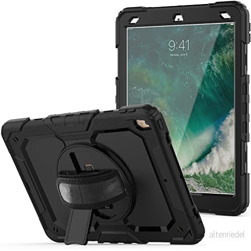 fodral för iPad pro 10.5 2017/iPad air 3 2019 med 360 graders roterbart vikbart stativ, trendigt stötsäkert handledsrem och axelrem, svart 7657136165962