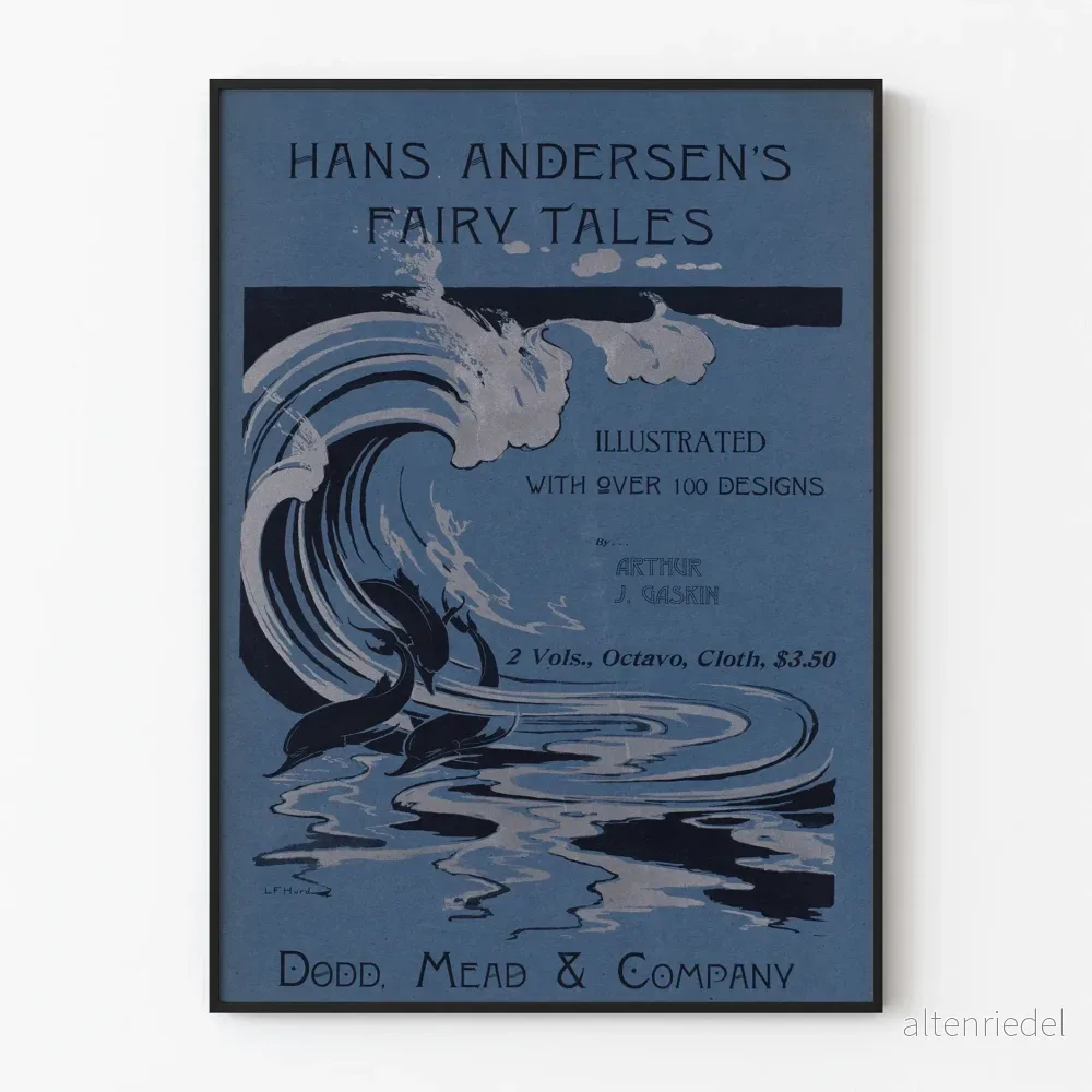 Dekorativ poster av Hans Andersens sagor illustrerad med delfiner och våg Dekorativ poster av Hans Andersens sagor illustrerad med delfiner och våg