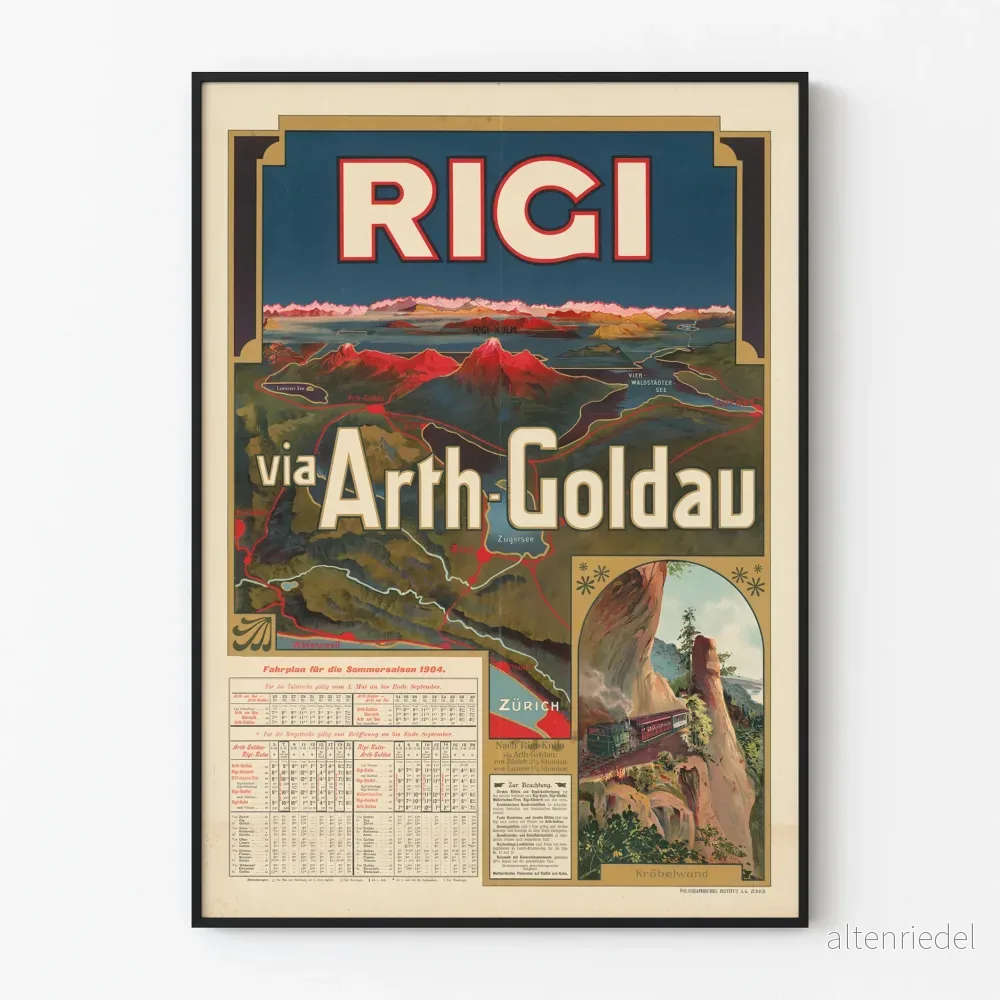 Vintageaffisch Rigi via Arth-Goldau – Karta och tidtabell 1904