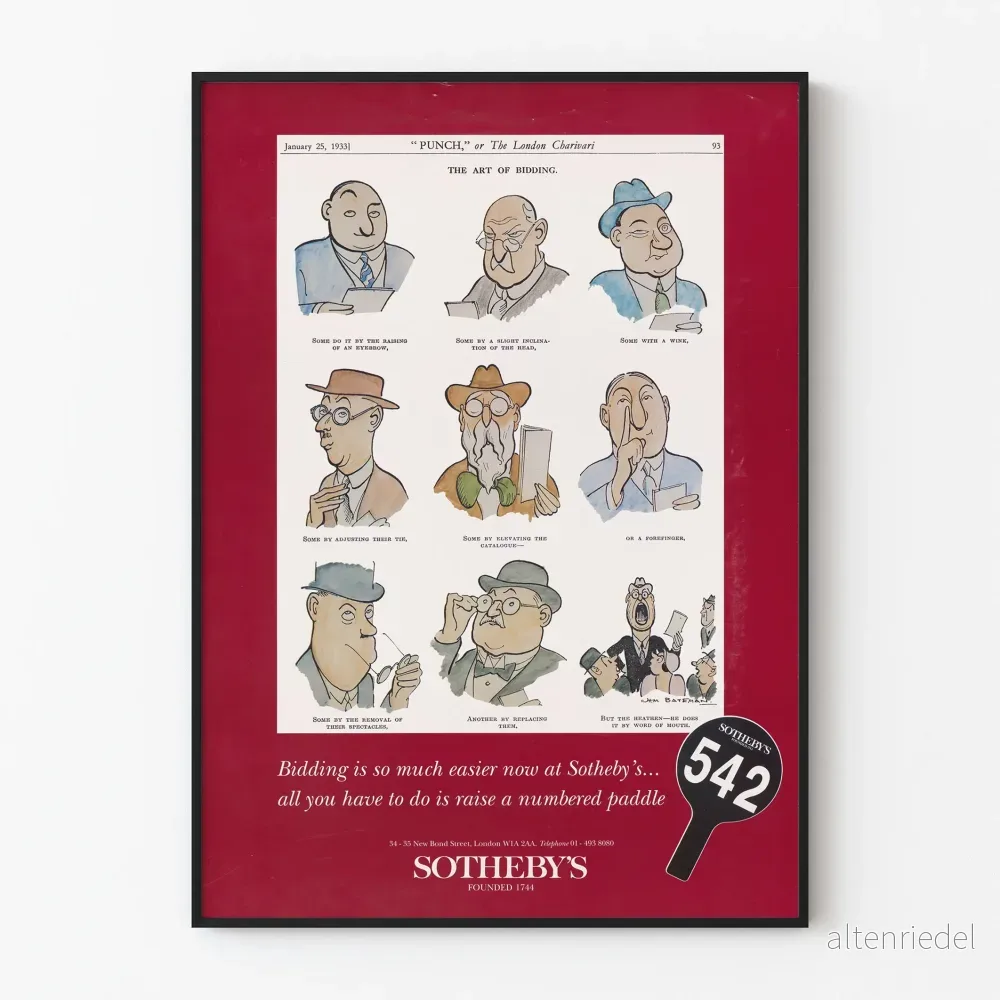 Vintageaffisch från Sotheby's om konsten att bjuda i salongen