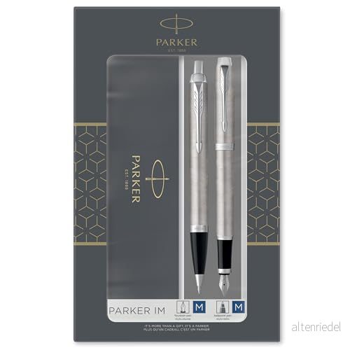 Parker IM Duo presentset med kulspetspenna och reservoarpenna Spets i rostfritt stål krom Refill patron blått bläck Presentförpackning 3026981830587