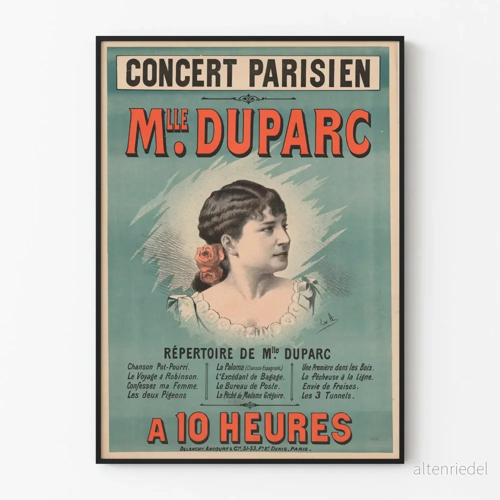 Vintagekonsertaffisch Parisisk Mlle Duparc Väggdekoration