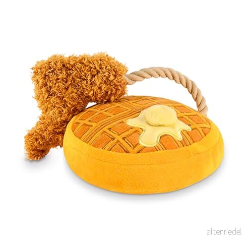 P.L.A.Y Barking brunch kyckling och woofles plyschhundleksak hållbar, miljövänlig pipig leksak dubbelsydd maskintvättbar rolig våffelinspirerad design för små till stora hundar 817152018278
