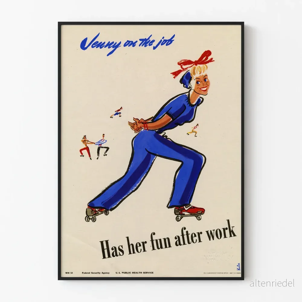 Vintageposter Jenny på jobbet på rullskridskor