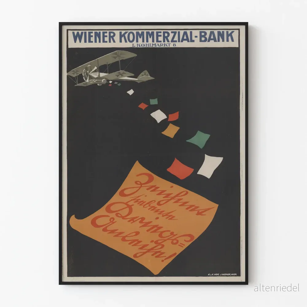 Vintageposter för Wiener Kommerzial-Bank med flygplan och färgglada bokstäver