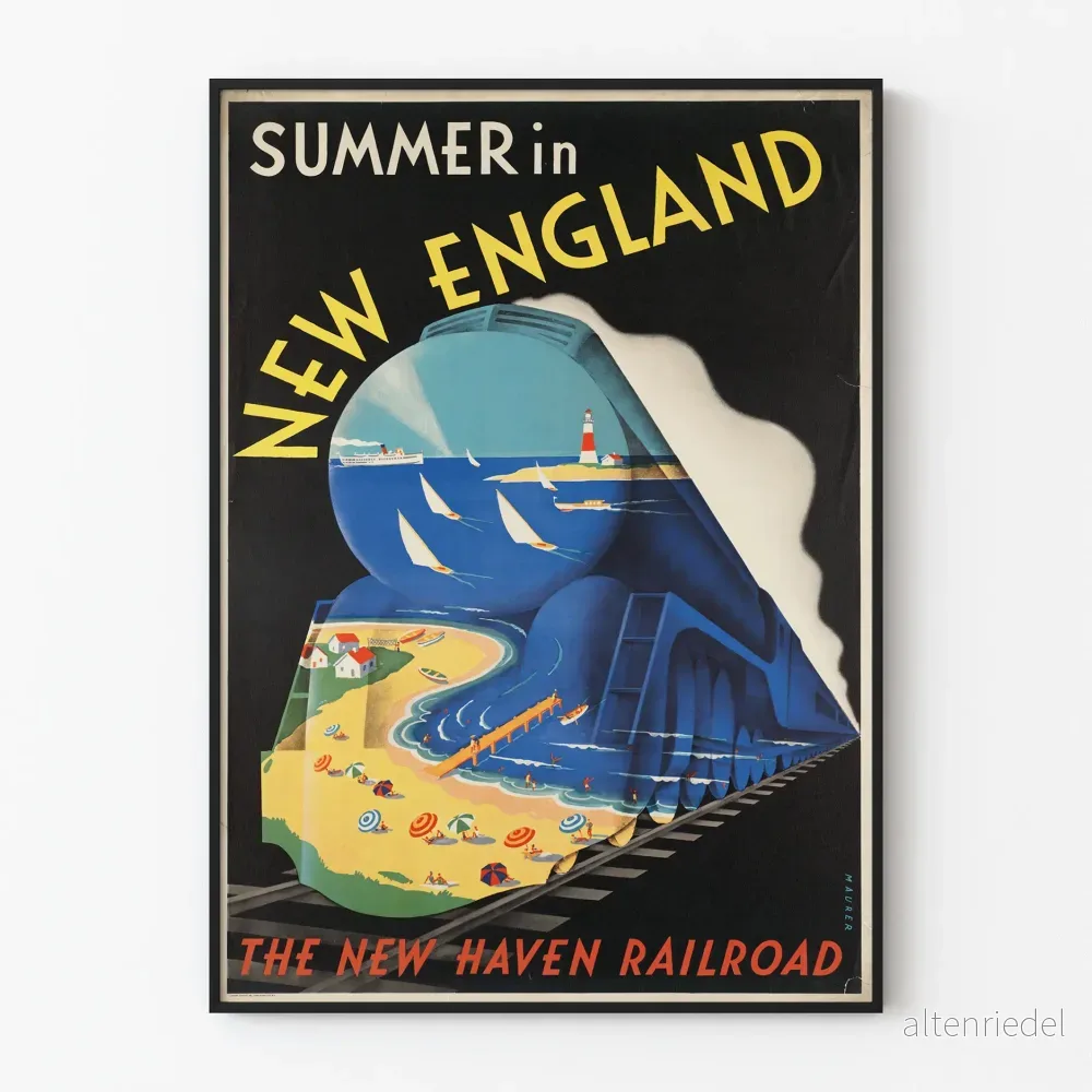 Vintageaffisch Sommar i New England - Väggdekoration Tåg & Strand