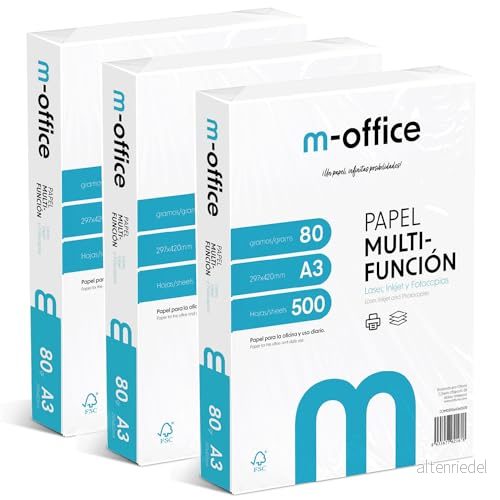 A3 arkpaket 80 g, 3 pack 500 ark, multifunktionspapper för bläckstråleskrivare och laser, A4 ark 297 x 420 mm perfekt kontor hem · m office (1 ark) 8435677621067