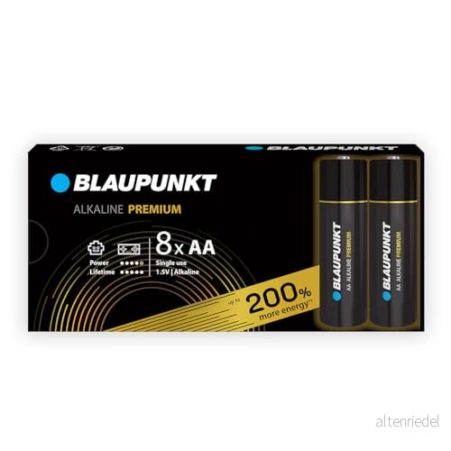BLAUPUNKT Premium AA alkaliska batterier förpackning med 8, bäst för spelkontroller och leksaker, LR6BPR/8CB 5410853069225