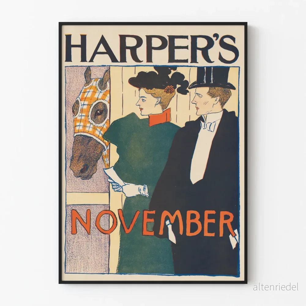Harper's november vintage poster med häst och elegant par