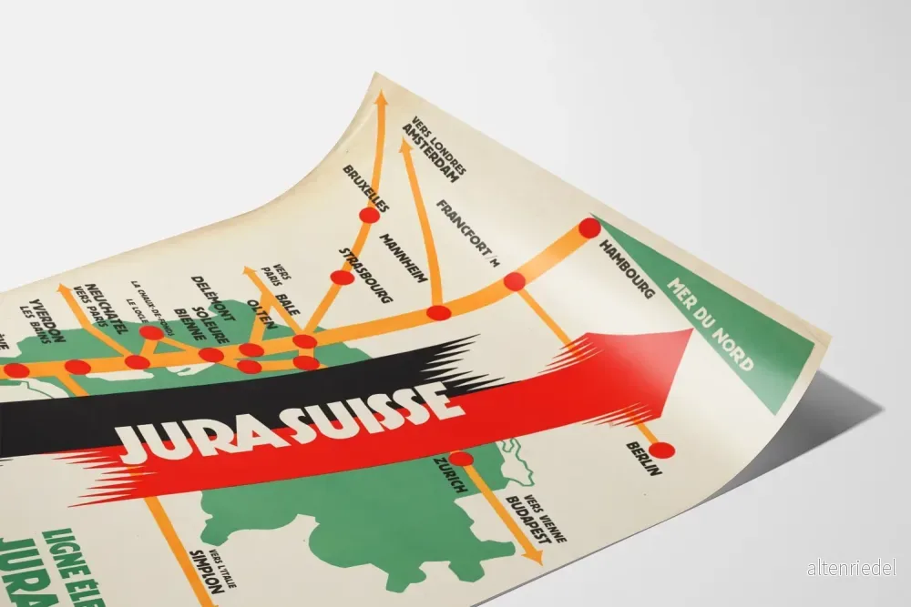 Vintageaffisch med elektrifierad linje från Jura i Schweiz - Järnvägskarta - Bild 3