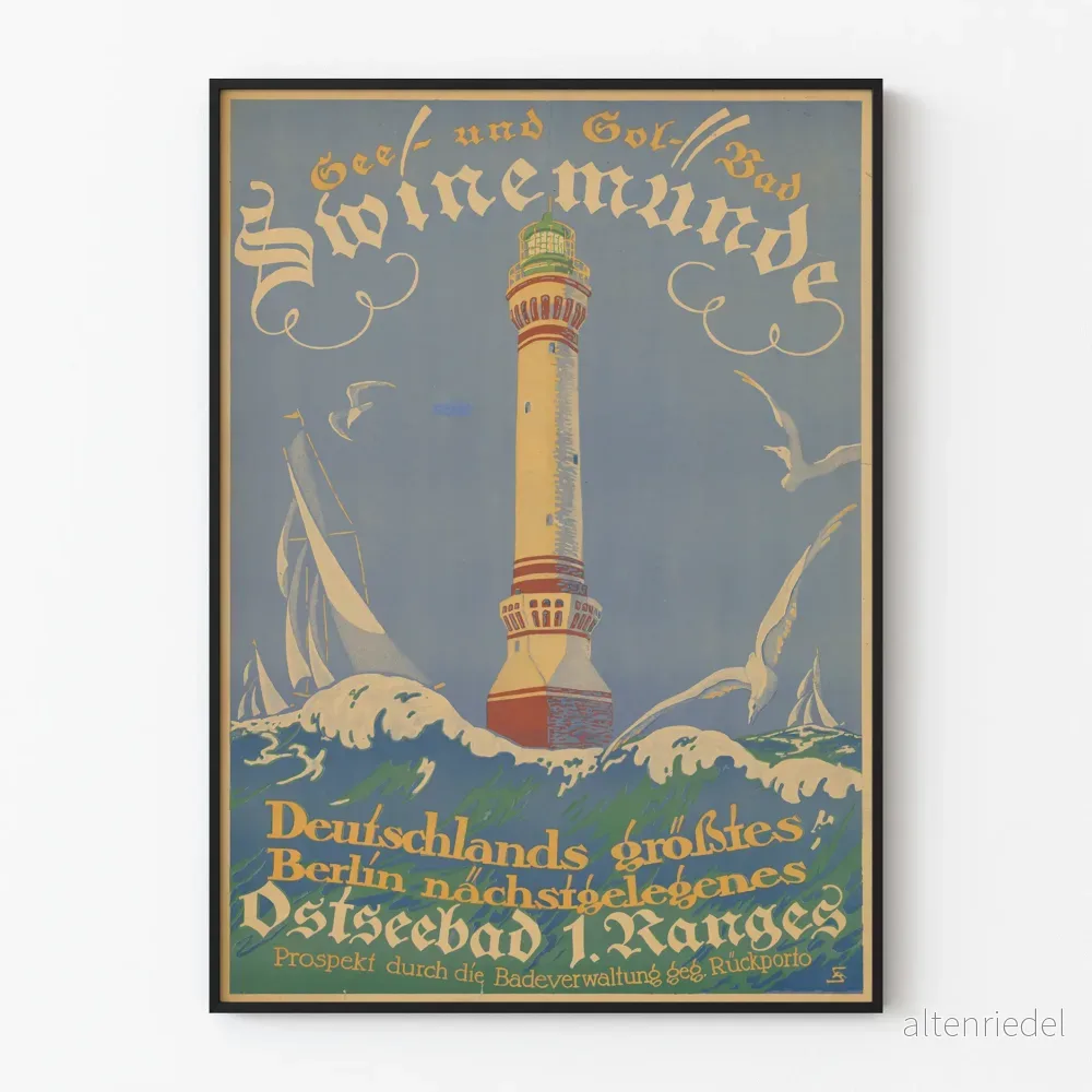 Vintageposter See- und Solbad Swinemünde med fyr och vågor