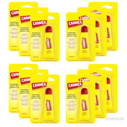 Carmex Classic Tube läppvård för torra läppar, läppbalsam fuktgivande och lugnande spruckna med vaselin, E vitamin bivax (12 x 10 g) 83078006471