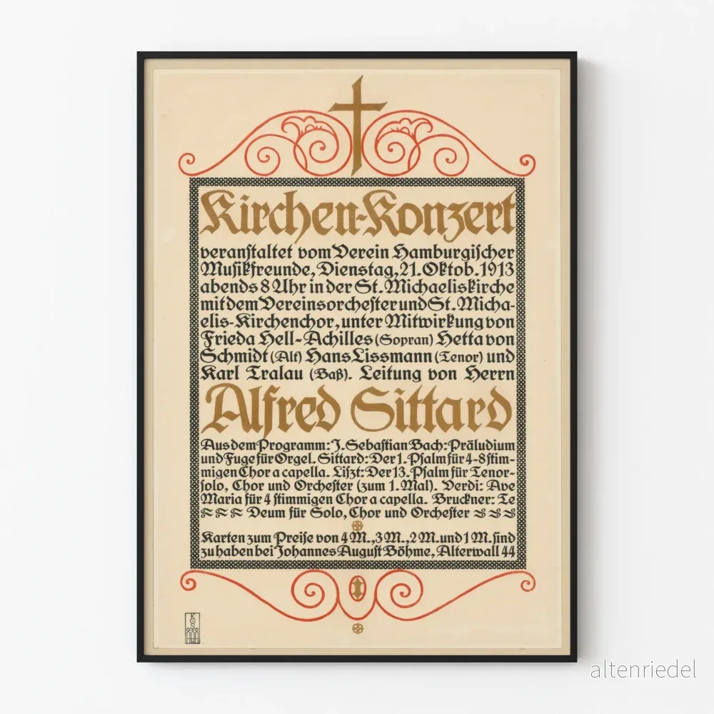 Vintageposter av kyrkkonsert från 1913, klassisk väggdekoration