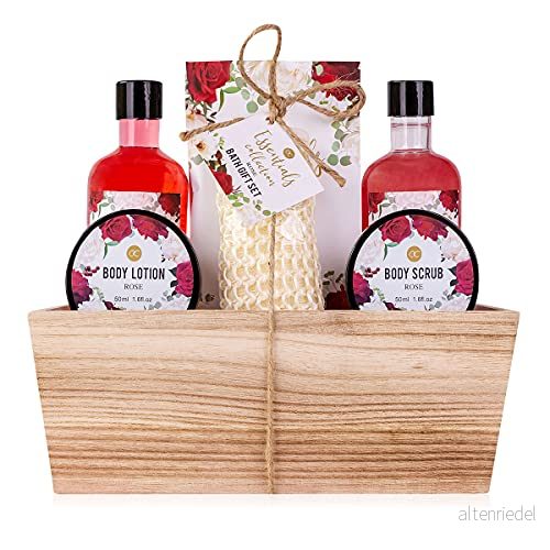 Accentra duschset kvinnor presentset ros i en träkorg 6 delat vårdset med duschgel, bubbelbad, badsalt, bodylotion mera wellness för födelsedagar, alla hjärtans dag & jul 4015953666582