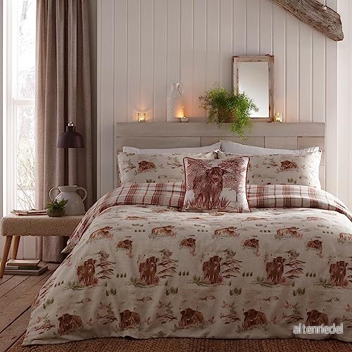 Dreams & Drapes Highland Cow påslakan dubbel sängkläder storlek (200 x 200 cm) mjuk 100% borstad bomull röda rutiga med kor i röd terrakotta 5056387777306