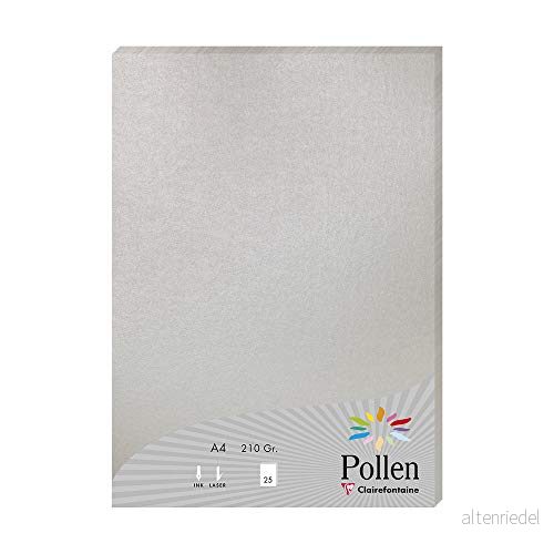Clairefontaine Ref 24389C Pollenfärgat papper (paket med 25 ark) A4 (210 x 297 mm), 210 gsm papper, bläckstråleskrivare och laserskrivarkompatibel, syrafri silver 3329680243895