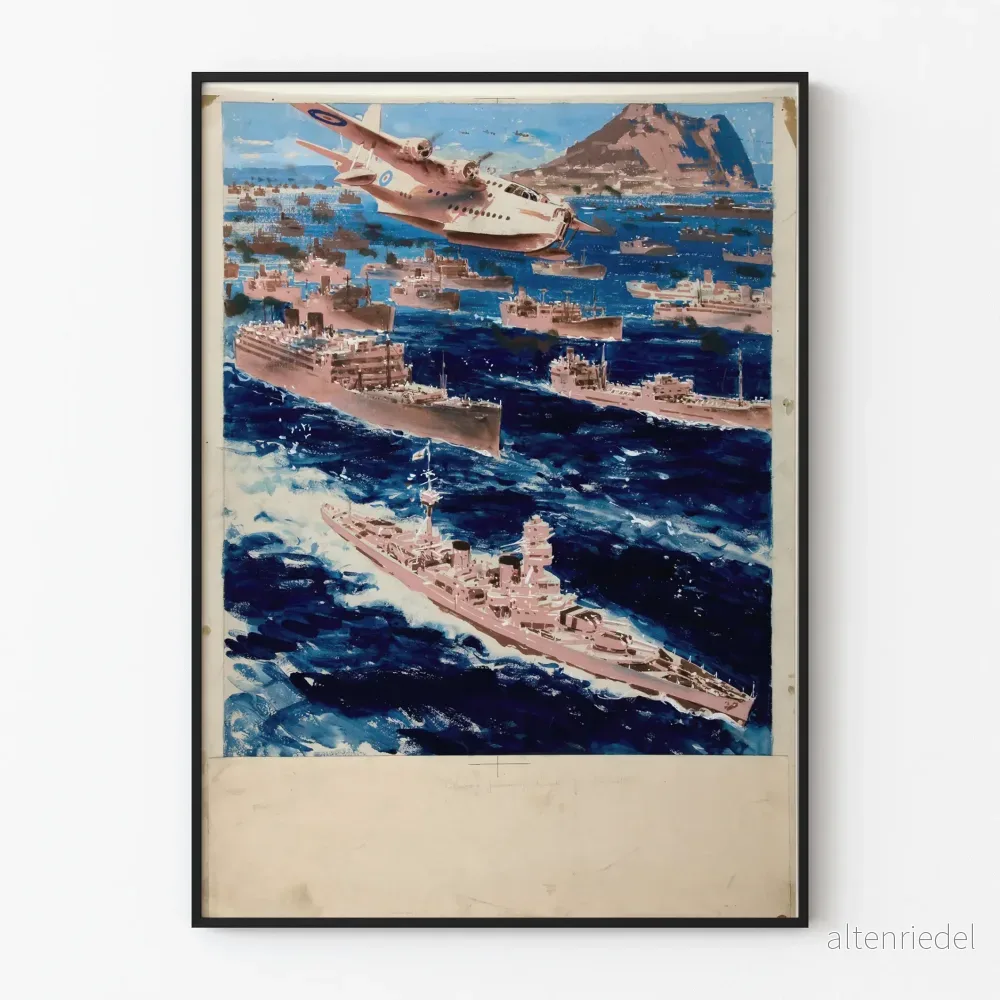 Vintage poster av sjökonvoj som passerar Gibraltar med flygplan