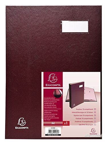 Exacompta Ref 24184E 1 dokumentportfölj baksida i tyg med kilar etiketthållare laminerat omslag 18 rosa kortfack 3 perforeringar 24x32 cm vinröd färg 3130630241843