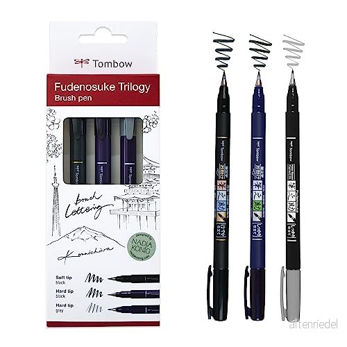 Tombow Fudenosuke Trilogi set, innehåll: 3 Fudenosukes hård spets, mjuk och grå, för kalligrafi, bokstäver, skissning, WS BHS 3P 4003198112179