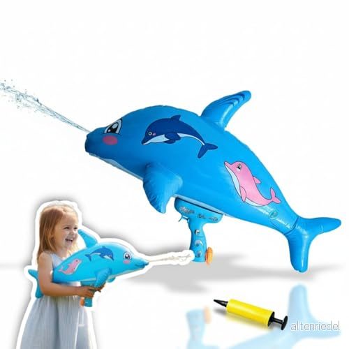 alldoro 60127 Uppblåsbar delfin med vattenpistol färgad plast 72 x 43 cm, 250 ml tank pump 4251357601273