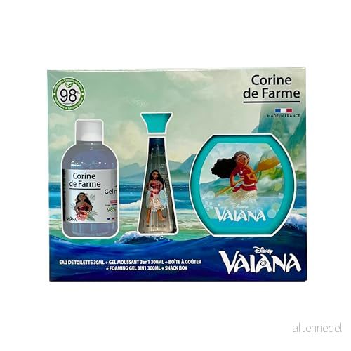 Corine de Farme Vaiana set med Eau Toilette 50 ml, skumbad 300 ml och snackslåda, present till flickor parfym för barn, vanilj doft 3 i 1 fruktig gel 3468080965706