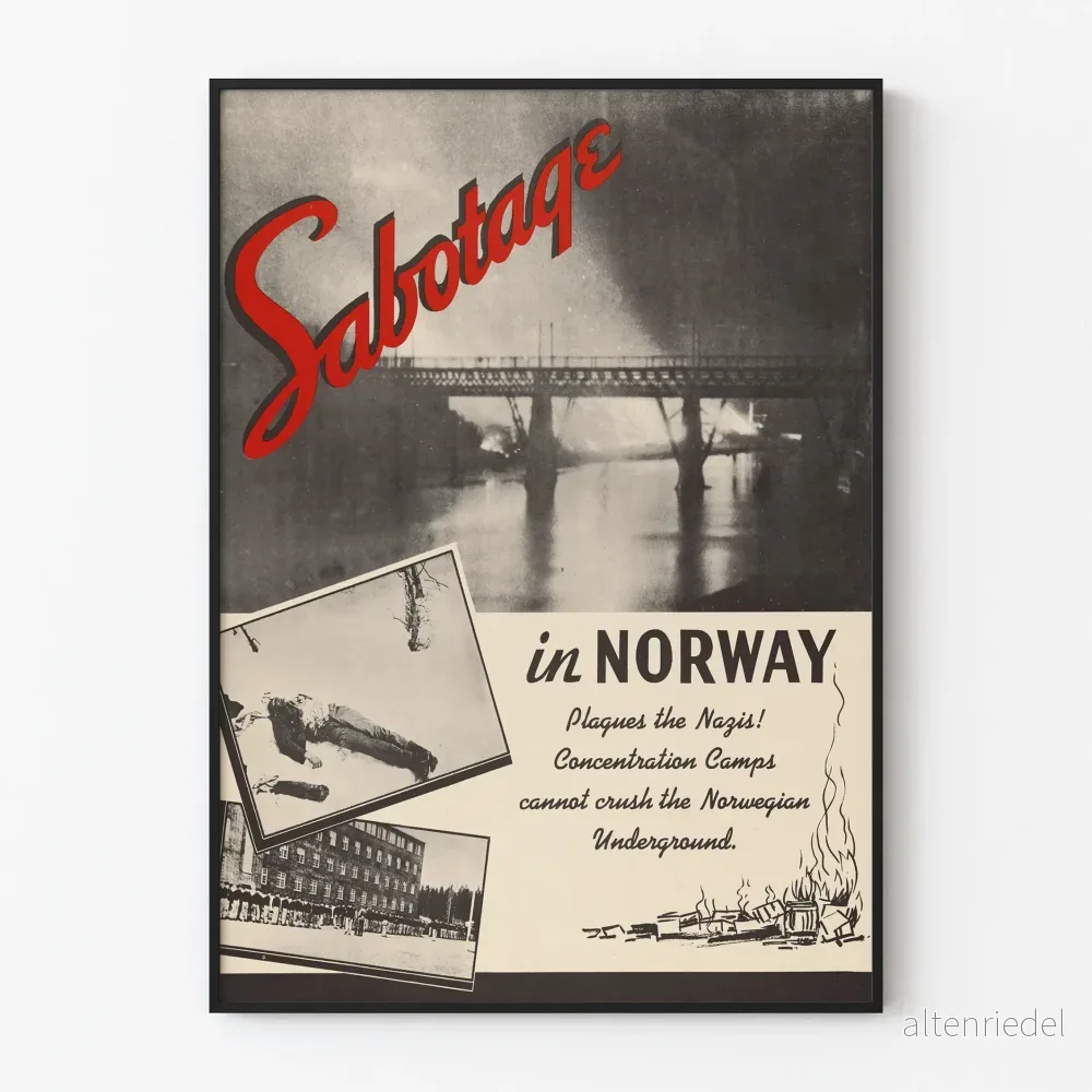 Vintageposter sabotage i Norge mot nazisterna