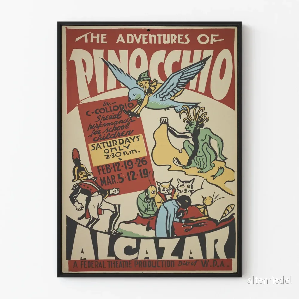 Vintageposter av Äventyren med Pinocchio - Barnrumväggdekoration