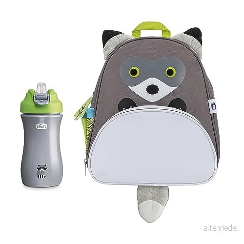 Artsana Popup tvättbjörnsryggsäck och mugg, praktiskt kit bestående av söt tvättbjörnsformad ryggsäck 350 ml grön pop up kopp, droppkopp för barn, 2 år + 8058664172863
