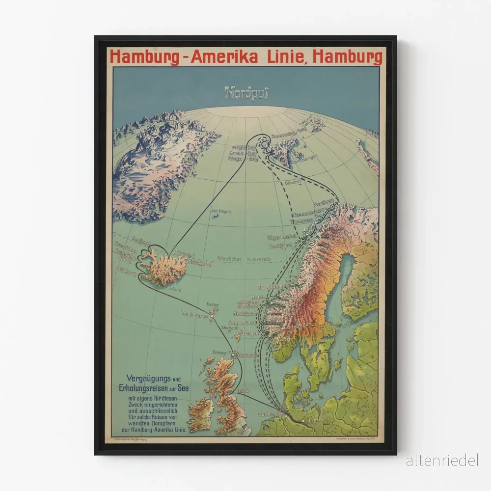 Vintageposter av Hamburg-Amerika Linien - Nordisk kryssningskarta