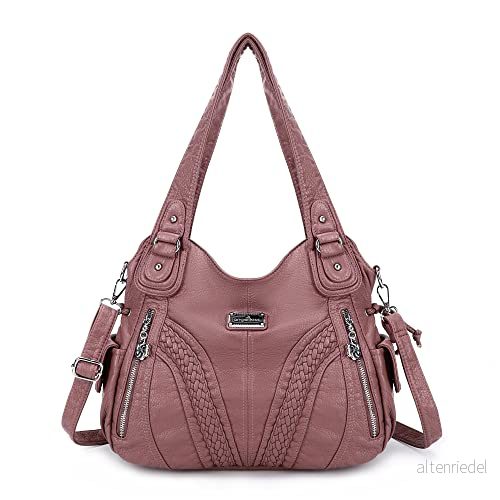 Angelkiss kvinnor topphandtag skolväska handväskor axelväska messengerväska tvättat läder väskor väska (rosa) â'¬, Rosa 689749400403