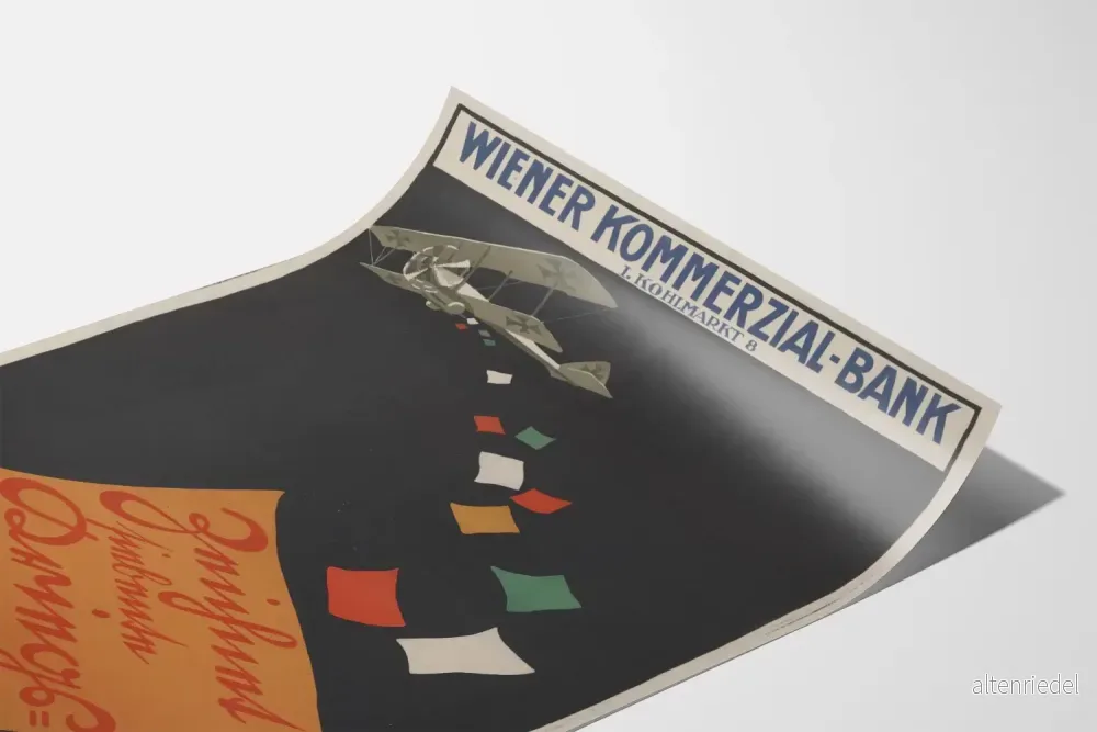 Vintageposter för Wiener Kommerzial-Bank med flygplan och färgglada bokstäver - Bild 3