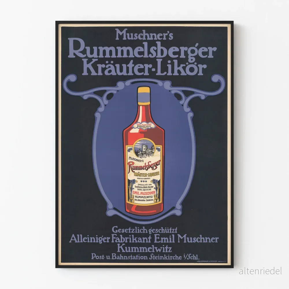 Vintageposter för örtlikören Muschner's Rummelsberger