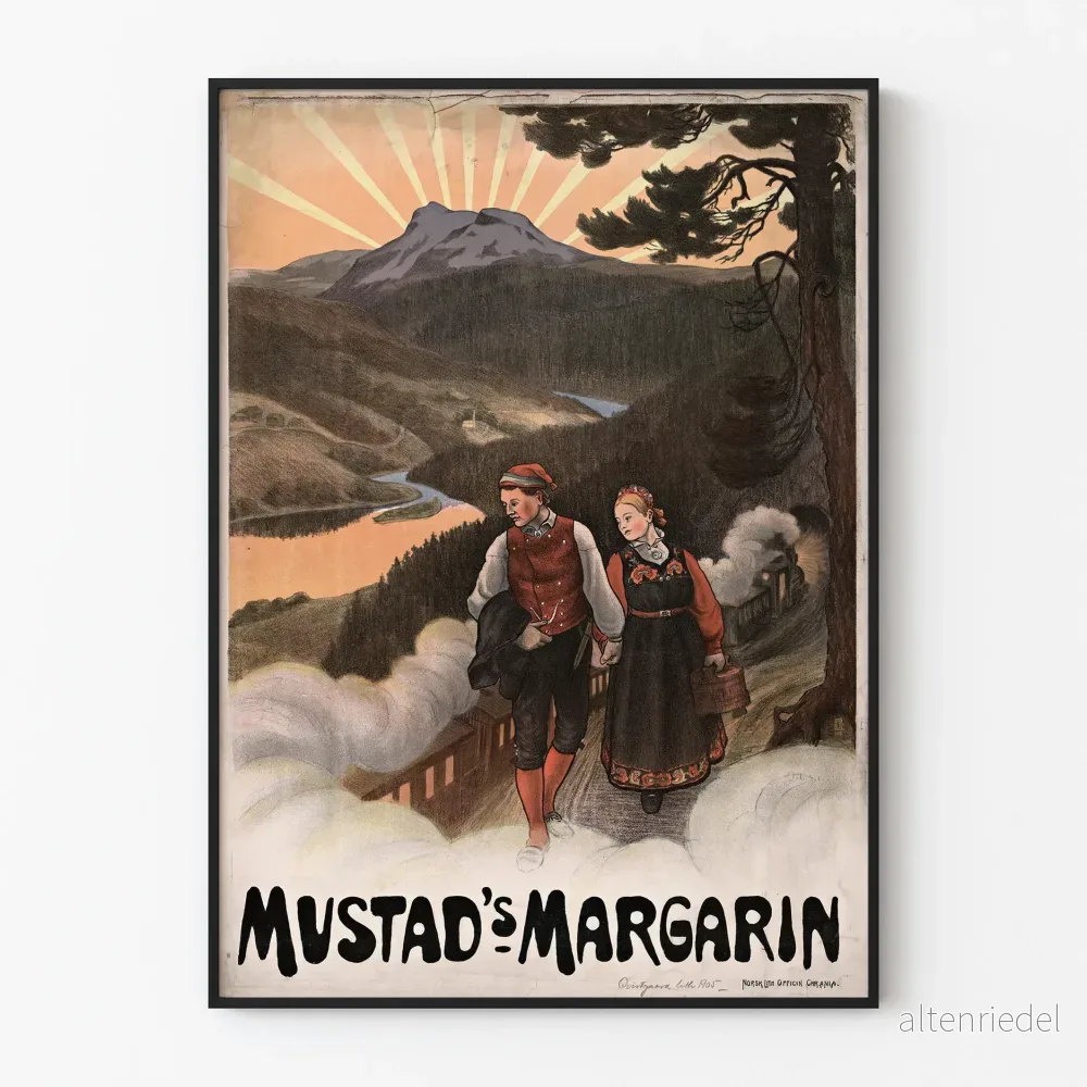 Vintageposter Mustad's Margarine landskap och par i traditionella kläder
