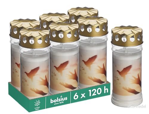 Bolsius gravljus vit set om 6 stycken längd brinntid 120 timmar sorteringsljus och minnesmärke ljus permanent brännare med motiv duva oparfymerad utan palmolja nr 5 8717847142139
