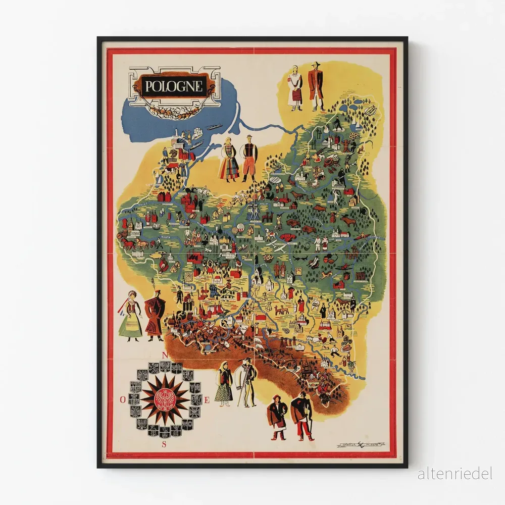 Vintage affisch med illustrerad karta över Polen – kulturell väggdekoration Vintage affisch med illustrerad karta över Polen – kulturell väggdekoration