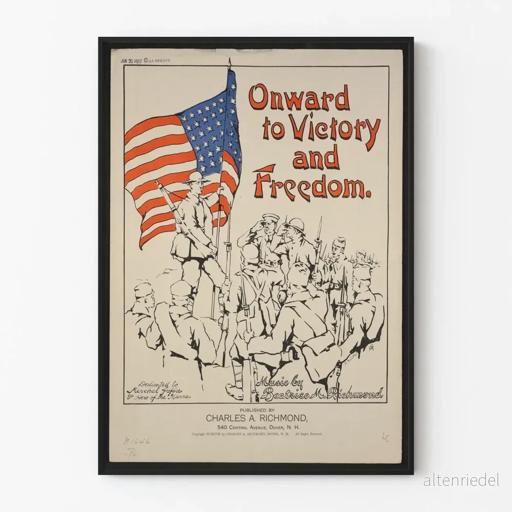 Vintageposter « Framåt mot seger och frihet » med soldater och amerikansk flagga