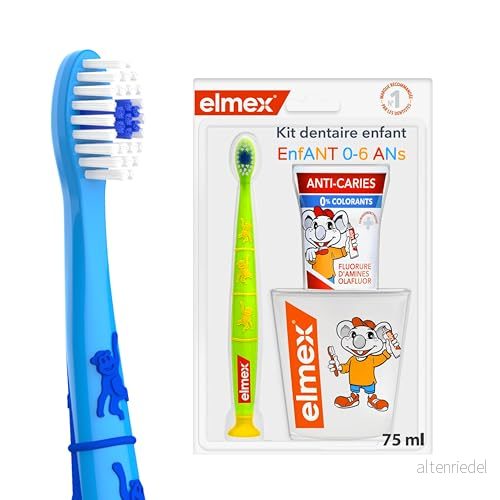 ELMEX Barnset 1 tandborste för barn + tandkräm 0 6 år tandborstkopp slumpmässig färg 8718951540842