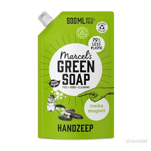 Marcel's Green Soap Handtvål påfyllningspaket Tonka & Muguet Dispenser för flytande tvål 100% miljövänlig vegansk 97% biologiskt nedbrytbar 500 ml 8719325558876