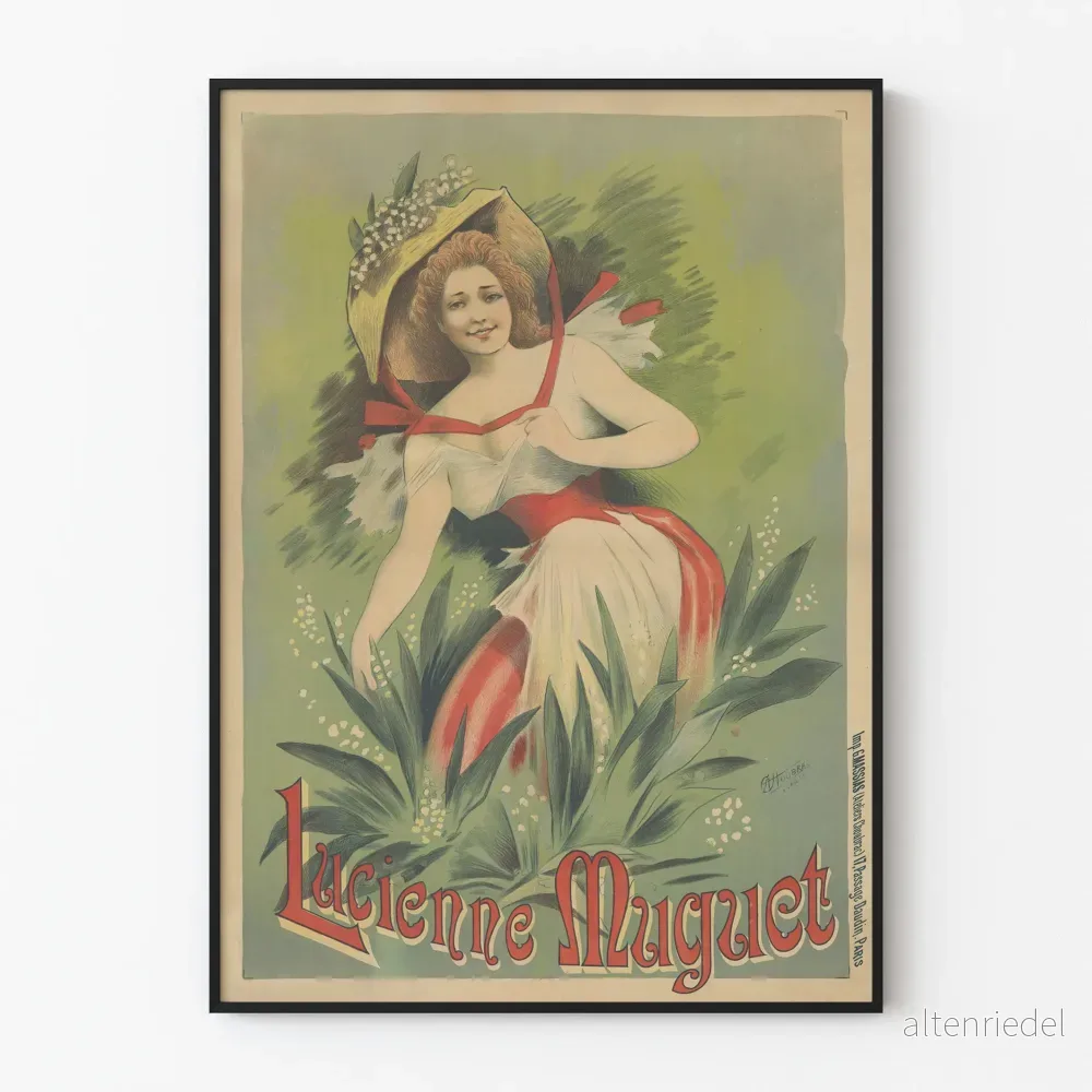 Vintageposter av Lucienne Muguet i vit klänning och blomsterhatt