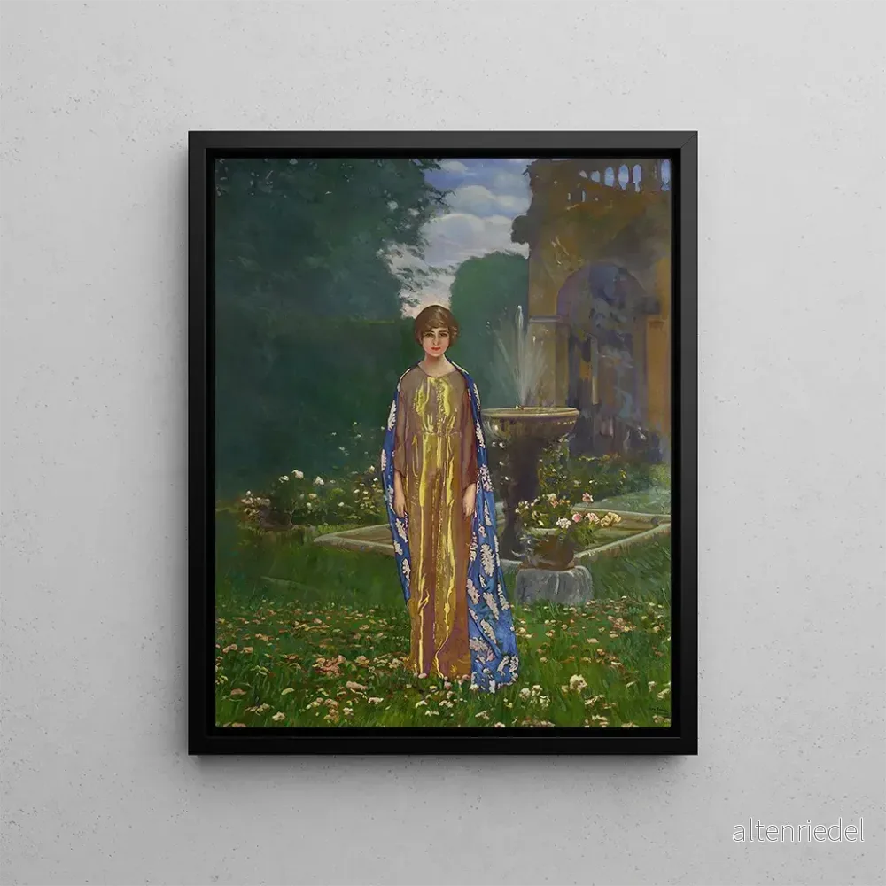 Målning Dame dans le jardin près d’une fontaine au printemps – Léon Kamir – Kaufmann | Konsttryck