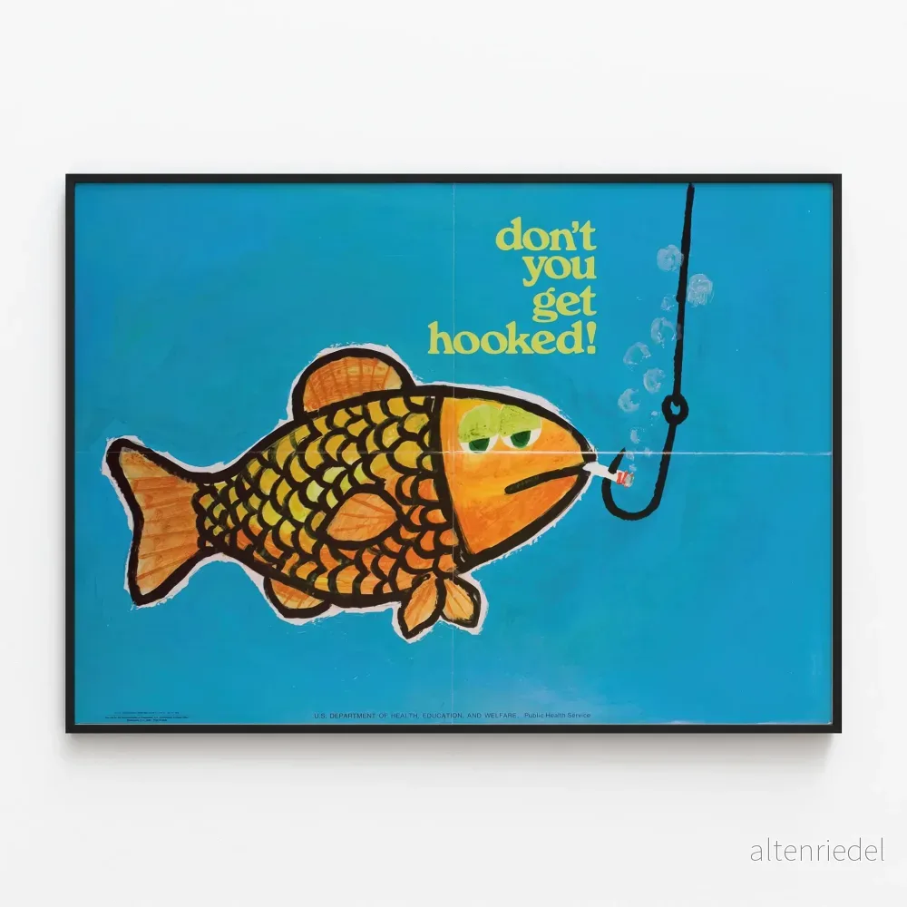 Dekorativt affisch med färgglad fisk, krok och meddelande Dekorativt affisch med färgglad fisk, krok och meddelande