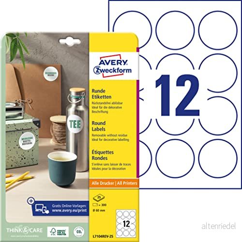 Avery Zweckform L7104REV-25 Runda Etiketter - Ø60 mm - A4 - 300 Stycken - Vit 4004182067604