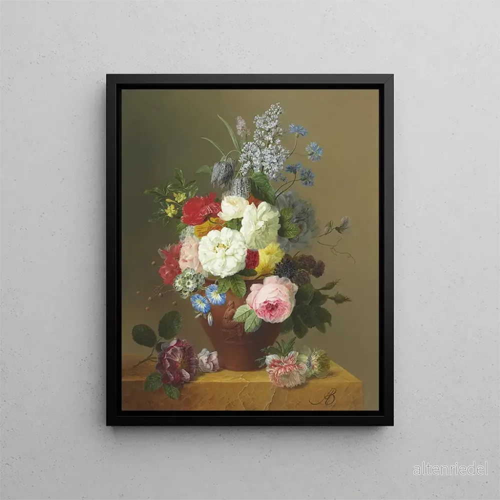 Målning med rosor, vallmo, blåklint, kramper, jasmin, liljor, en primula, en pion och en syren i en lerkruka med ett stänk av rosor och andra blommor på en stenbänk - Arnoldus Bloemers | Konsttryck