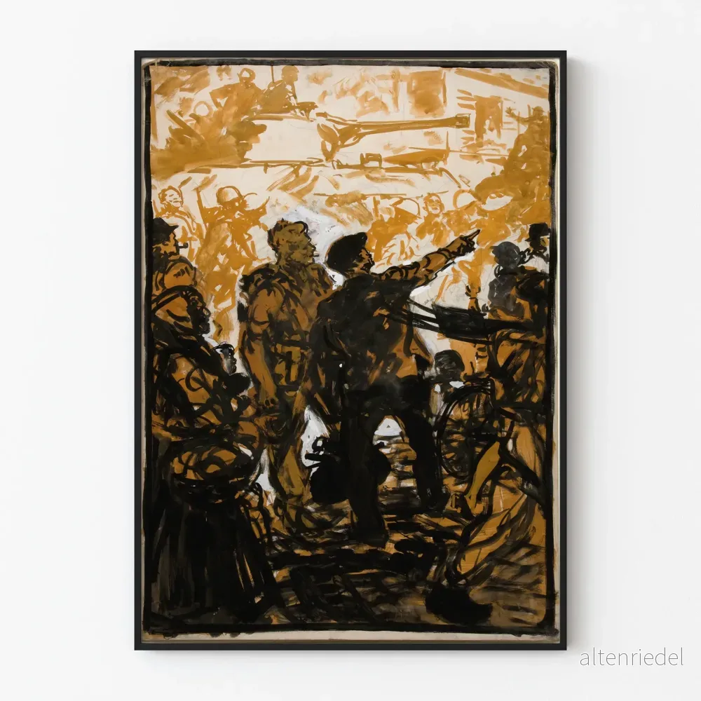 Kunstnärlig poster av soldater och stridsvagnar på en livlig gata
