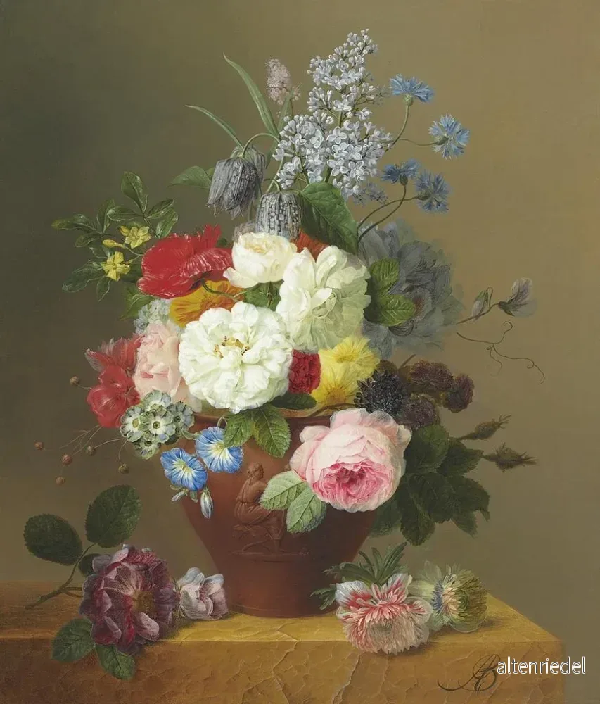Målning med rosor, vallmo, blåklint, kramper, jasmin, liljor, en primula, en pion och en syren i en lerkruka med ett stänk av rosor och andra blommor på en stenbänk - Arnoldus Bloemers | Konsttryck - Bild 2