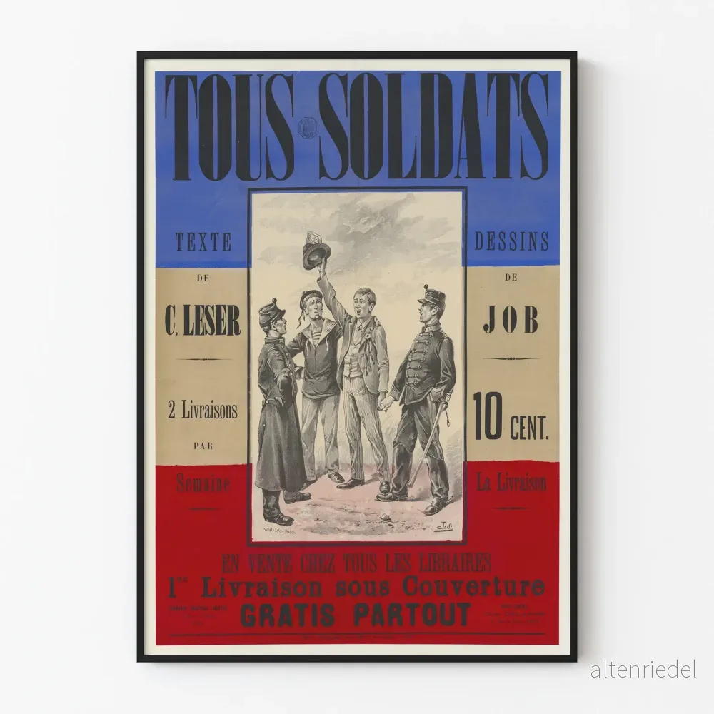 Vintageposter « Tous Soldats » med text av C. Leser och teckningar av Job