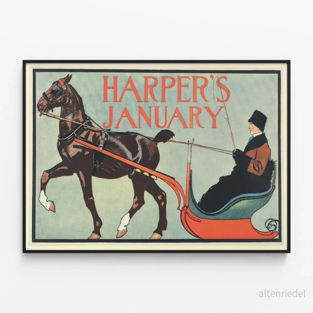 Vintageposter Harper's januari med häst och släde